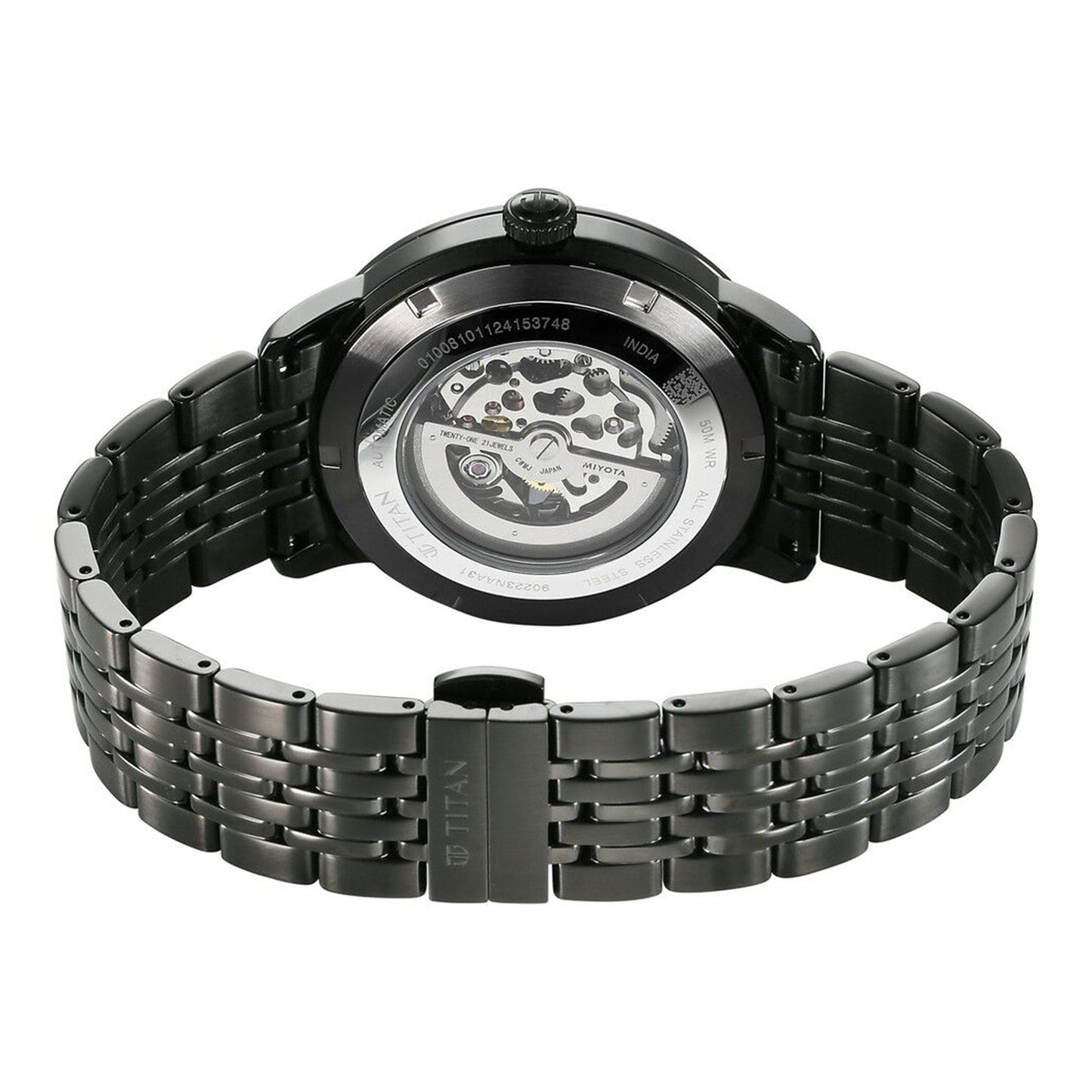 Titan Phoenix Skeletal Automatic Analog with Gun Dial Black Stainless Steel Strap Watch for Men