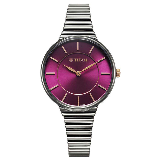 Titan Aura Quartz Analog Purple Dial Stainless Steel Strap Watch for Women