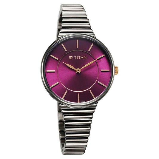 Titan Aura Quartz Analog Purple Dial Stainless Steel Strap Watch for Women