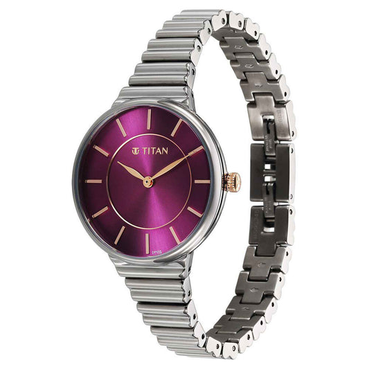Titan Aura Quartz Analog Purple Dial Stainless Steel Strap Watch for Women