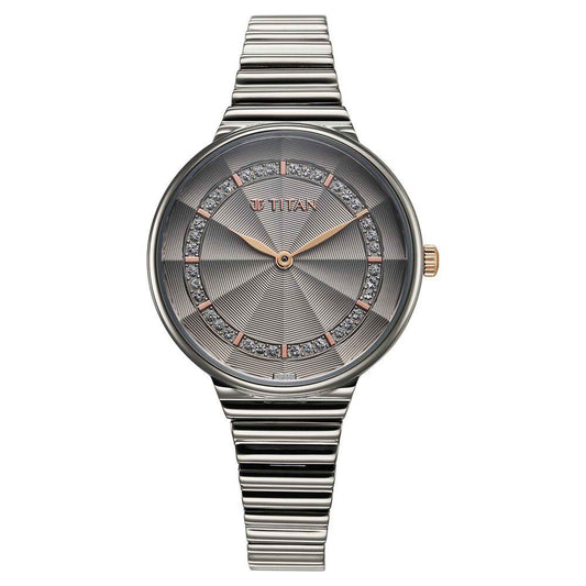 Titan Aura Quartz Analog Grey Dial Stainless Steel Strap Watch for Women