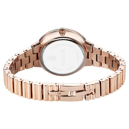 Titan Aura Quartz Analog Silver Dial Rose Gold Stainless Steel Strap Watch For Women