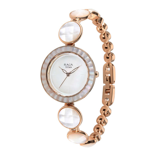 Titan Raga Power Pearls Quartz Alog Mother Of Pearl Dial Metal Strap Watch for Women