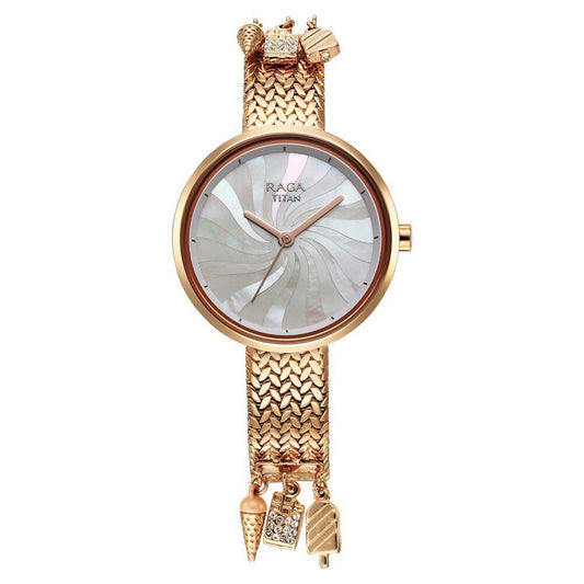 Titan Raga Memoirs Mother Of Pearl Dial With Rose Gold Metal Strap Watch For Women