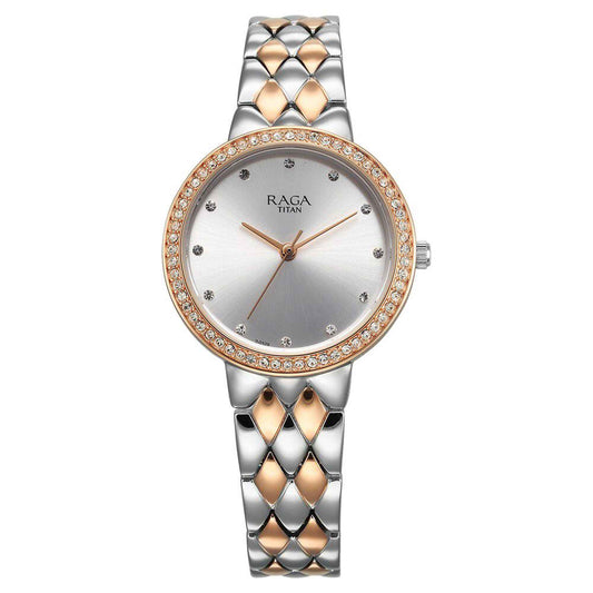 Titan Raga Showstopper Quartz Analog Silver Round Dial Two Toned Metal Strap Watch For Women