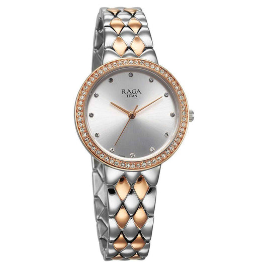 Titan Raga Showstopper Quartz Analog Silver Round Dial Two Toned Metal Strap Watch For Women