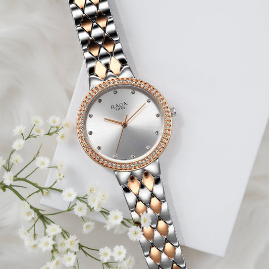 Titan Raga Showstopper Quartz Analog Silver Round Dial Two Toned Metal Strap Watch For Women