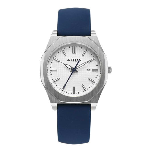 Titan White Round Dial Blue Strap Watch For LAD