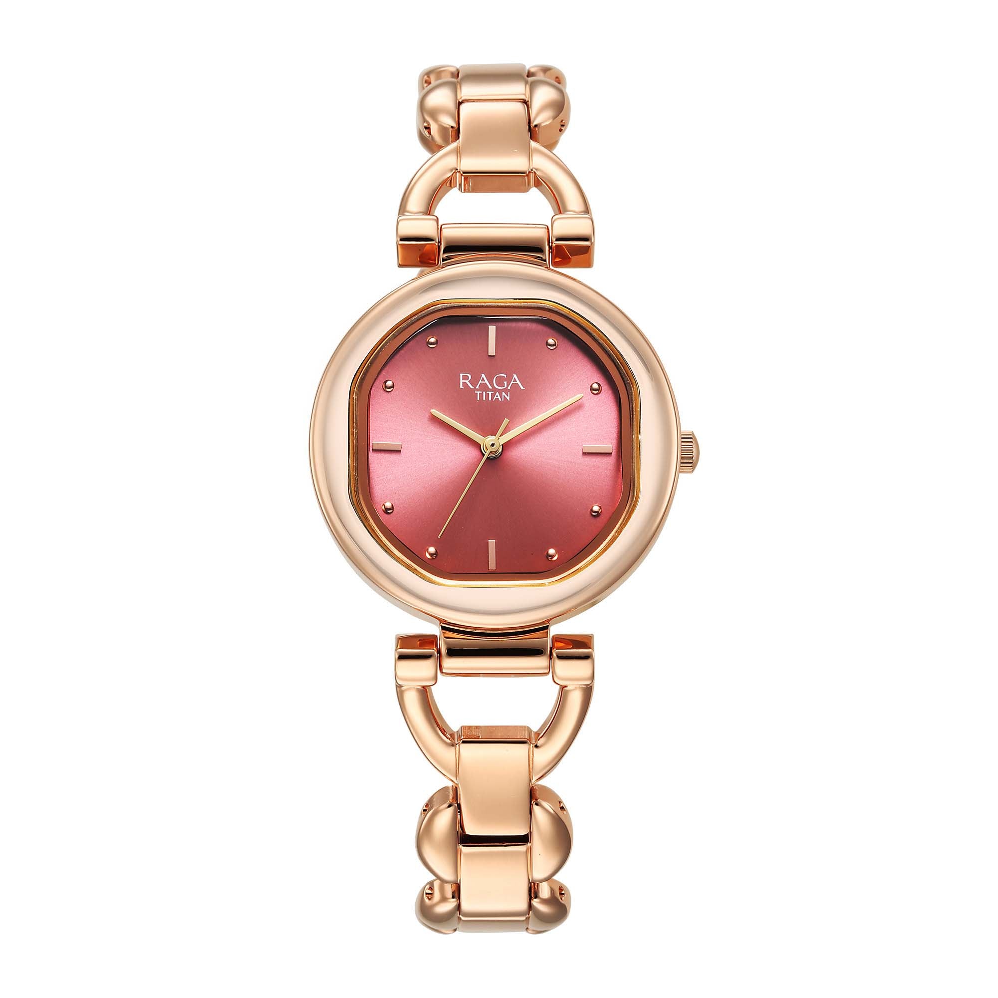 Titan Raga Showstopper 2.0 Quartz Analog Red Dial Rose Gold Color Stainless Steel Strap Watch For Women