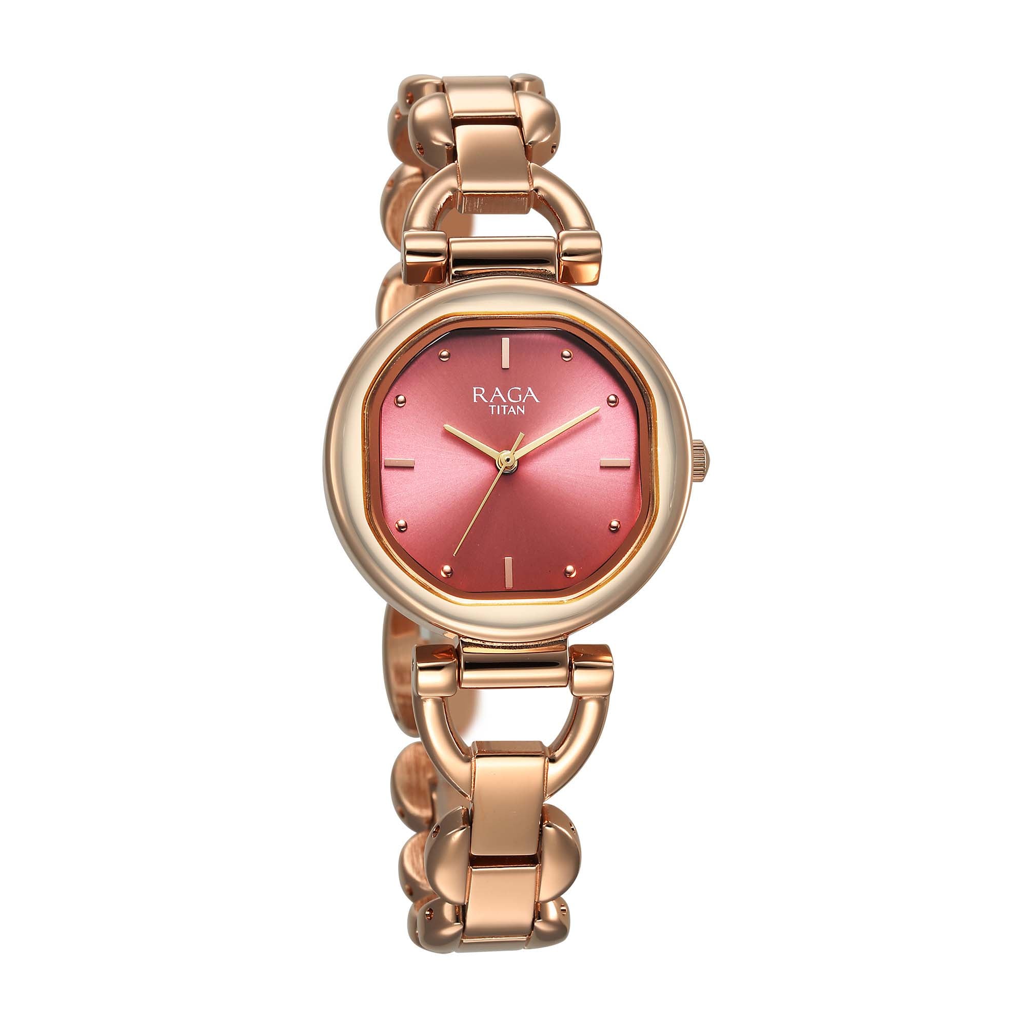 Titan Raga Showstopper 2.0 Quartz Analog Red Dial Rose Gold Color Stainless Steel Strap Watch For Women
