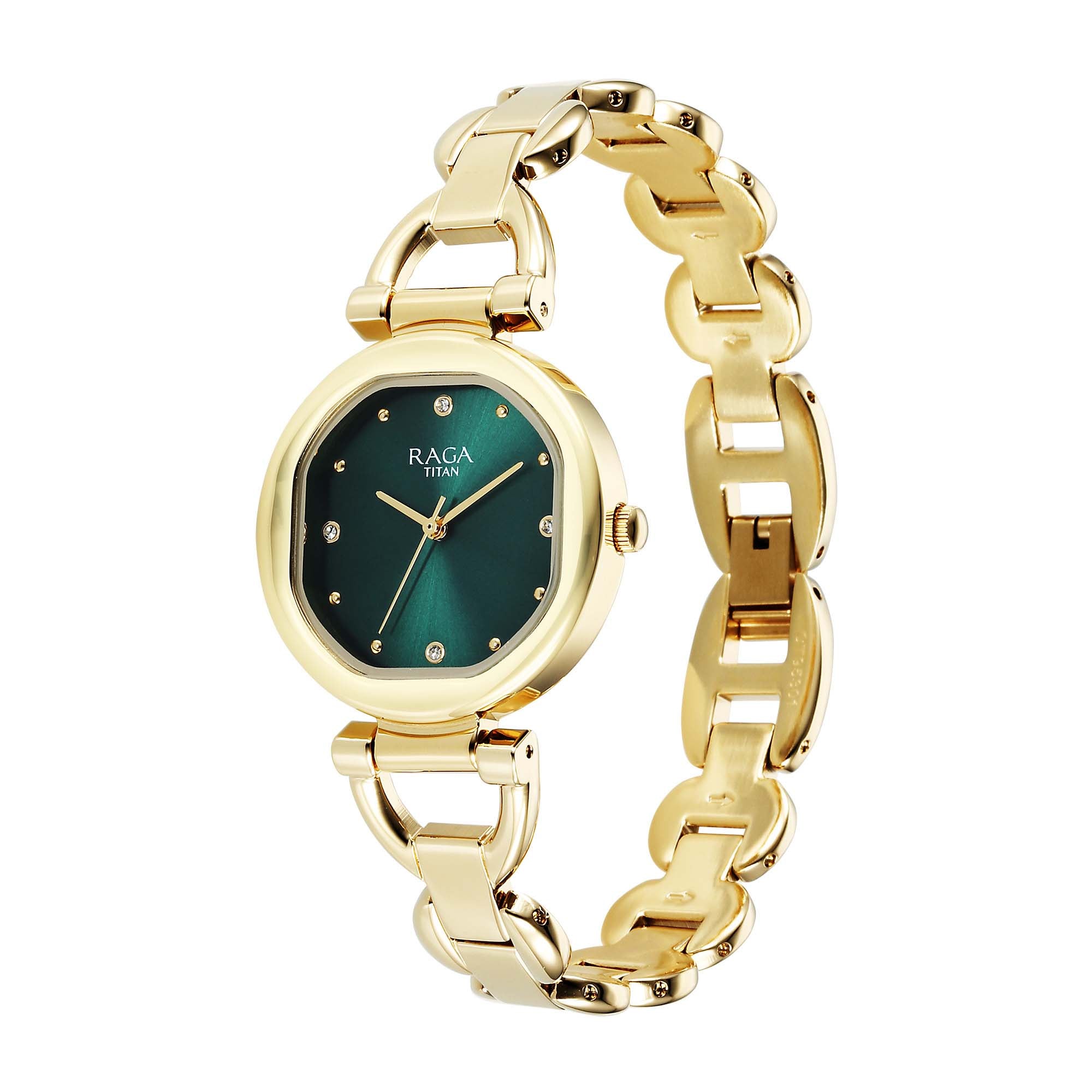 Titan Raga Showstopper 2.0 Quartz Analog Green Dial Gold Color Stainless Steel Strap Watch For Women