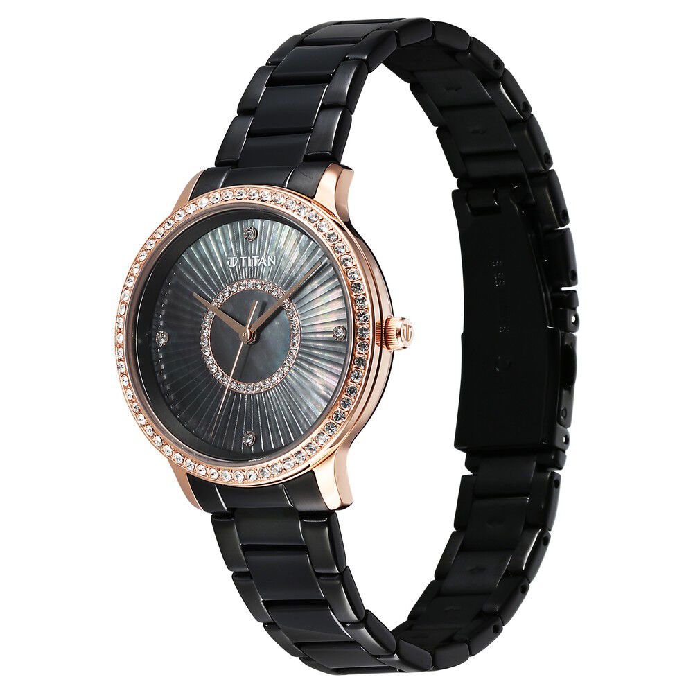 Titan Glamour Quartz Analog Black Dial Black Stainless Steel Strap Watch For Women
