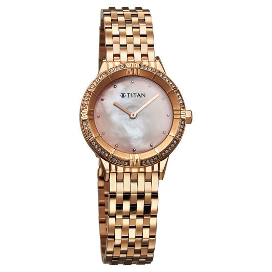 Titan Glamour Quartz Analog Mother Of Pearl Dial Rose Gold Stainless Steel Strap Watch For Women
