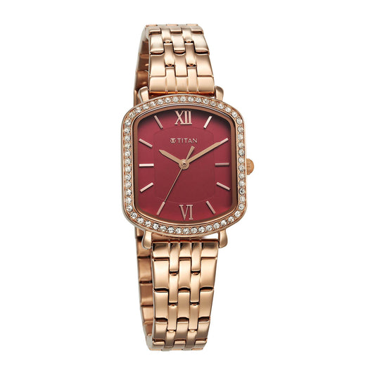 Titan Purple Metro Quartz Analog Red Dial Rose Gold Plated Stainless Steel Strap Watch For Women