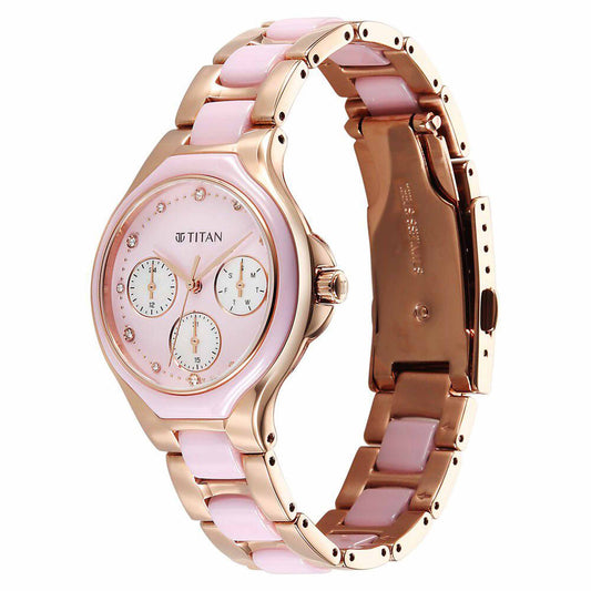 Titan Glamour Quartz Multifunction Mother Of Pearl Dial Pink Ceramic & Steel Strap Watch For Women