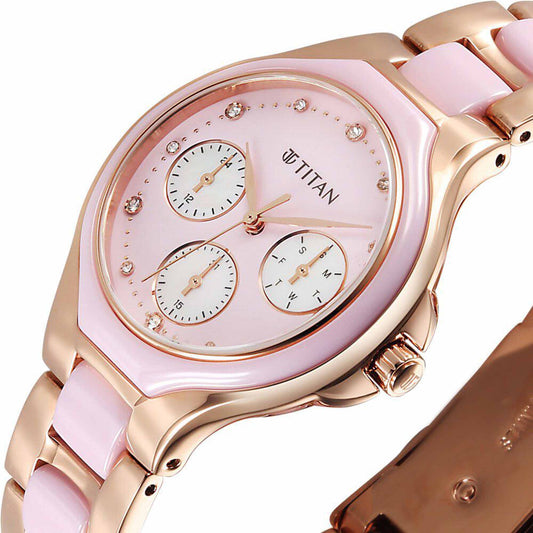 Titan Glamour Quartz Multifunction Mother Of Pearl Dial Pink Ceramic & Steel Strap Watch For Women