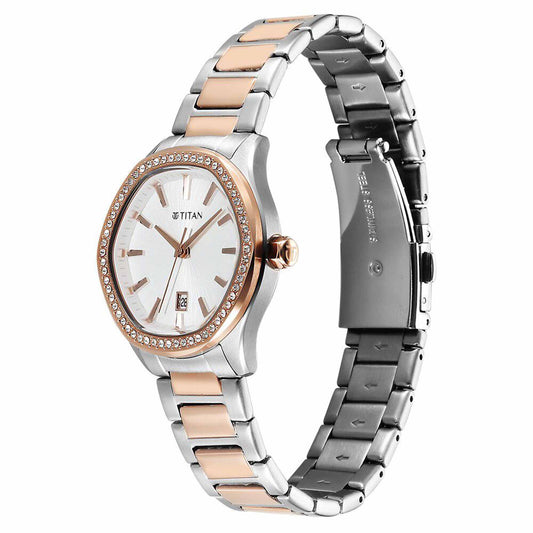 Titan Glamour Quartz Analog with Date Silver Dial Two Toned Stainless Steel Strap Watch For Women