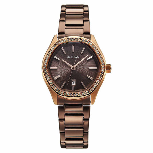 Titan Glamour Quartz Analog with Date Brown Dial Brown Stainless Steel Strap Watch For Women