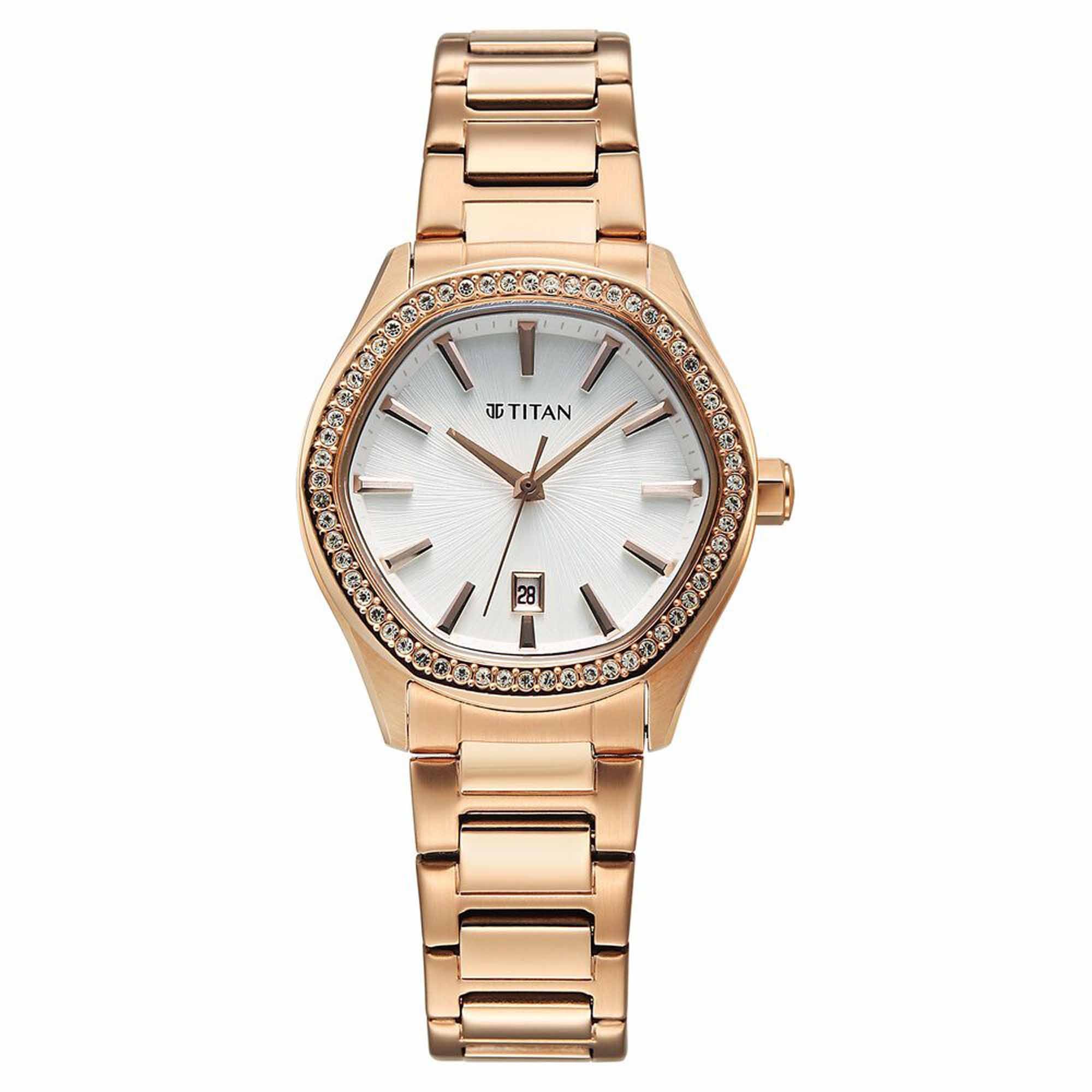 Titan Glamour Quartz Analog with Date Silver Dial Rose Gold Stainless Steel Strap Watch For Women