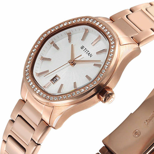Titan Glamour Quartz Analog with Date Silver Dial Rose Gold Stainless Steel Strap Watch For Women