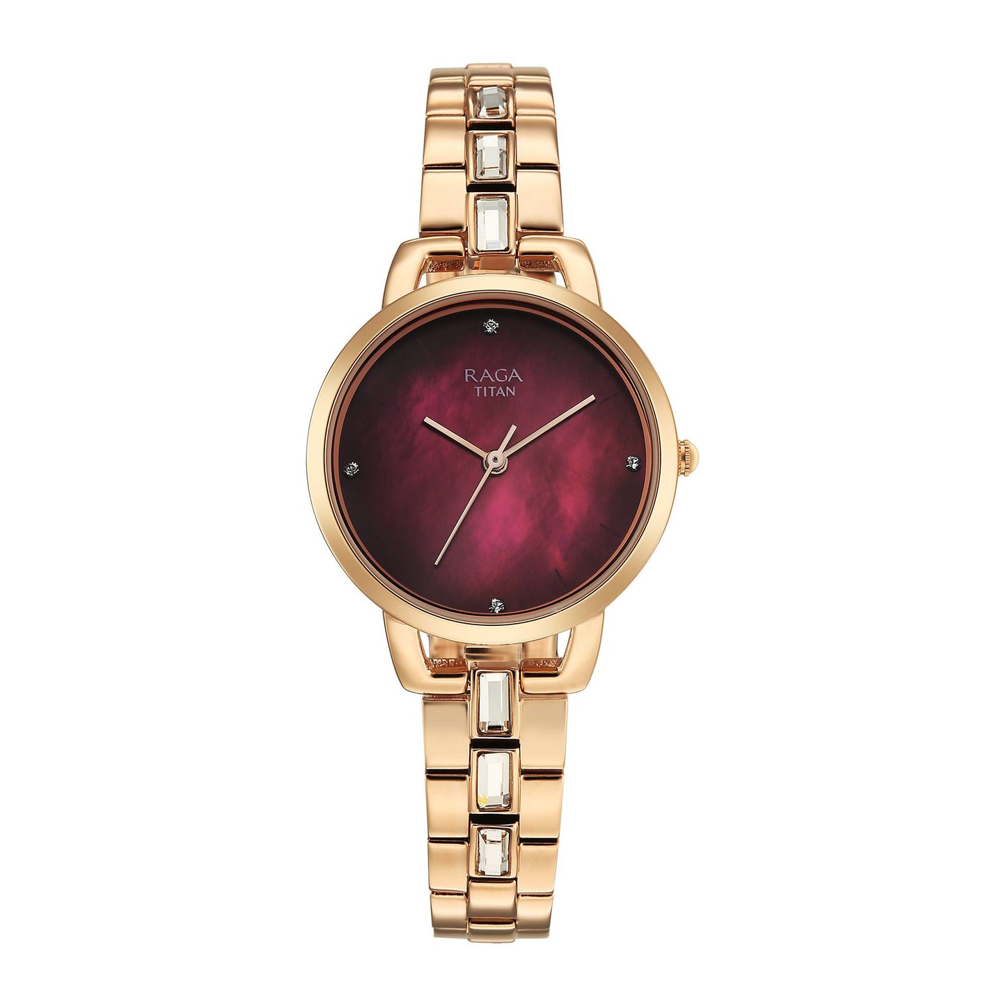 Titan Raga Glimmers Red MOP Round Dial Brass Strap Watch For Women