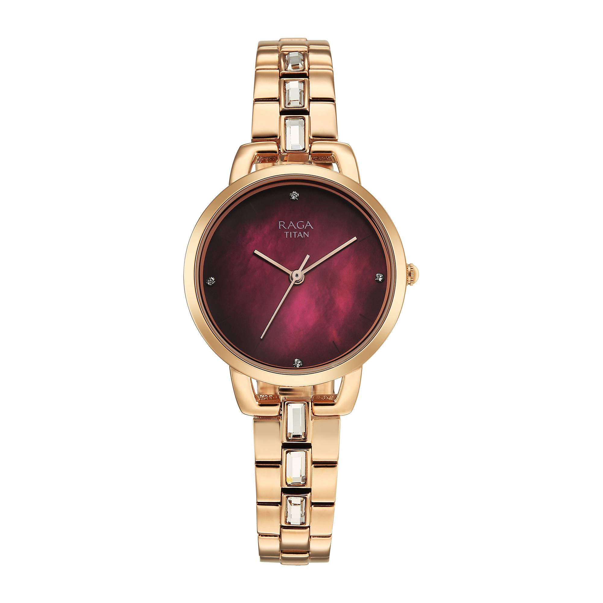 Titan Raga Glimmers Red MOP Round Dial Brass Strap Watch For Women
