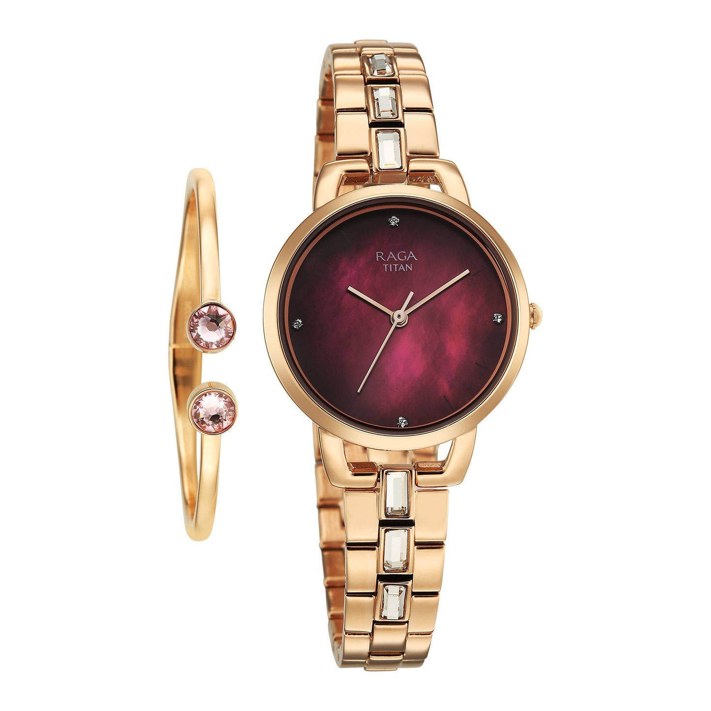 Titan Raga Glimmers Red MOP Round Dial Brass Strap Watch For Women