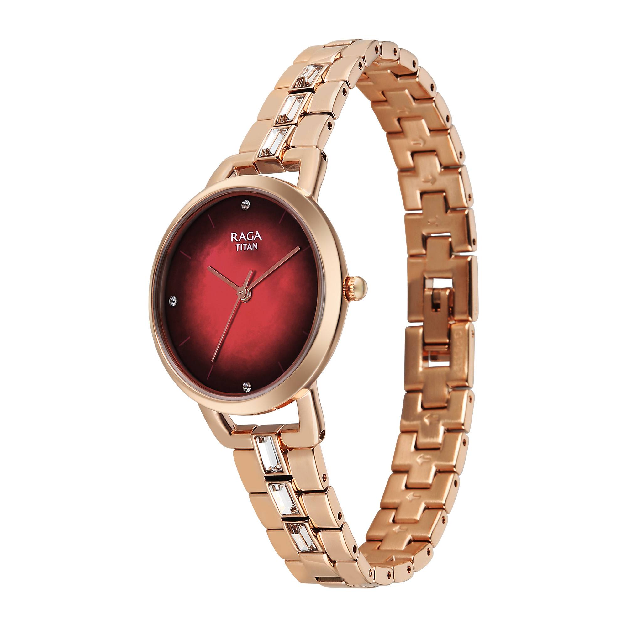 Titan Raga Glimmers Red MOP Round Dial Brass Strap Watch For Women