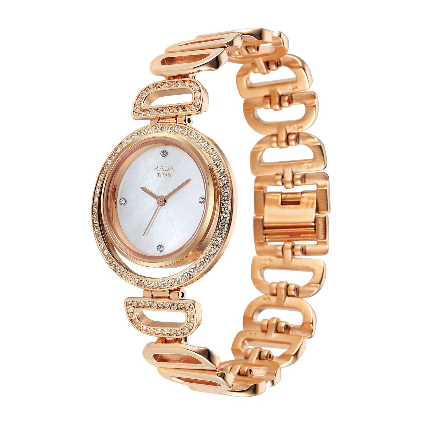 Titan Raga Glimmers White MOP Round Dial Brass Strap Watch For Women