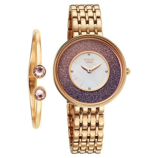 Titan Raga Glimmers Quartz Analog Mother of Pearl Dial Rose Gold Metal Strap Watch For Women
