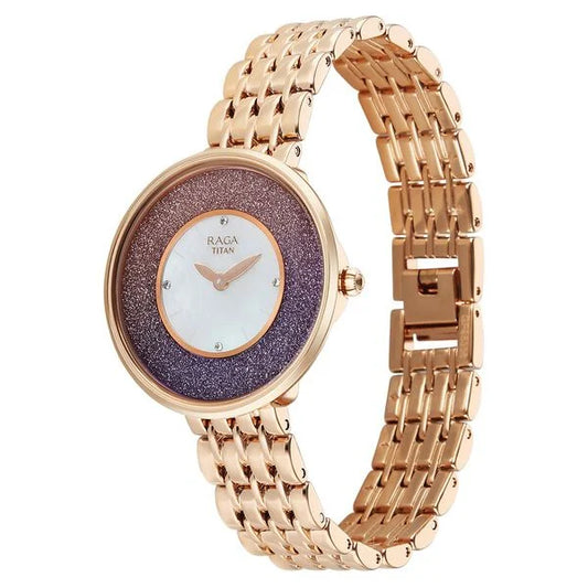 Titan Raga Glimmers Quartz Analog Mother of Pearl Dial Rose Gold Metal Strap Watch For Women