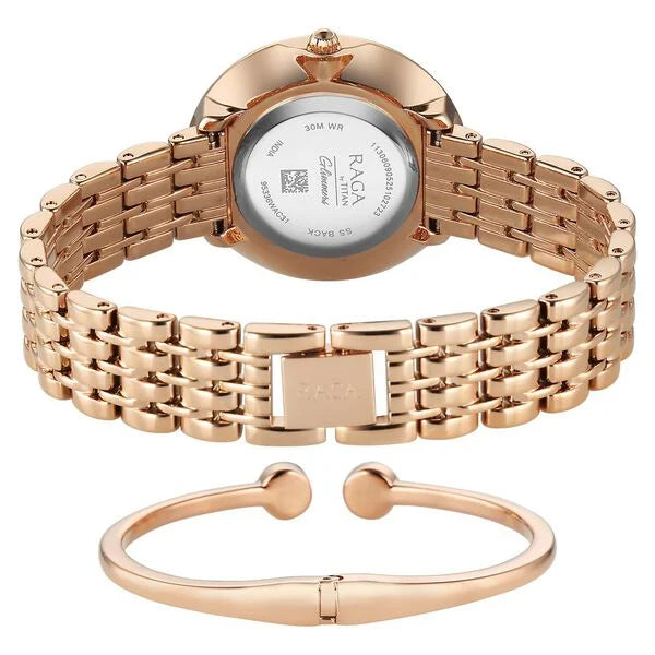 Titan Raga Glimmers Quartz Analog Mother of Pearl Dial Rose Gold Metal Strap Watch For Women