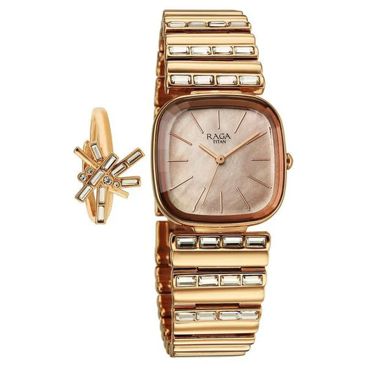 Titan Raga Glimmers Quartz Analog Rose Gold Dial Rose Gold Metal Strap Watch For Women
