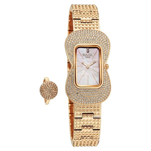 Titan Raga Glimmers Quartz Analog Pink Mother Of Pearl Dial Rose Gold Metal Strap Watch For Women