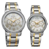 Titan White Dial Two Toned Stainless Steel Strap Analog with Day and Date Quartz Watch for Couple