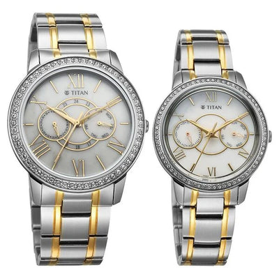 Titan White Dial Two Toned Stainless Steel Strap Analog with Day and Date Quartz Watch for Couple