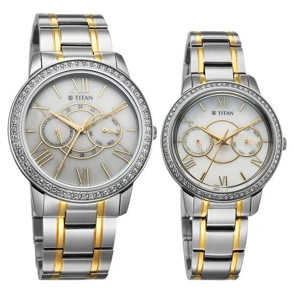 Titan White Dial Two Toned Stainless Steel Strap Analog with Day and Date Quartz Watch for Couple