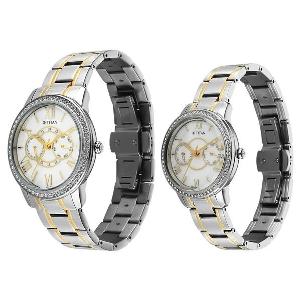 Titan White Dial Two Toned Stainless Steel Strap Analog with Day and Date Quartz Watch for Couple