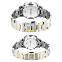 Titan White Dial Two Toned Stainless Steel Strap Analog with Day and Date Quartz Watch for Couple
