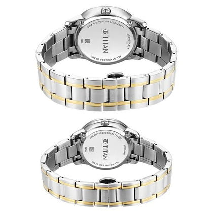 Titan White Dial Two Toned Stainless Steel Strap Analog with Day and Date Quartz Watch for Couple