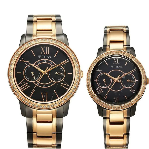 Titan Black Dial Two Toned Stainless Steel Strap Analog with Day and Date Quartz Watch for Couple