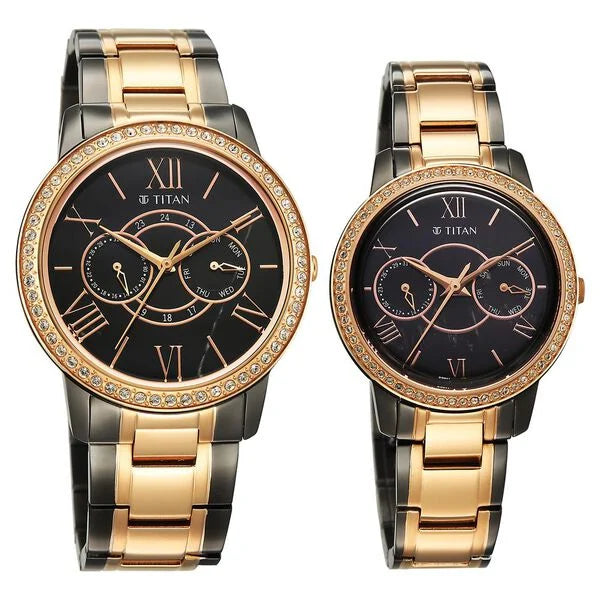 Titan Black Dial Two Toned Stainless Steel Strap Analog with Day and Date Quartz Watch for Couple
