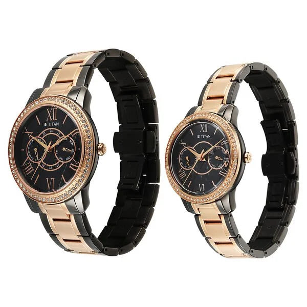Titan Black Dial Two Toned Stainless Steel Strap Analog with Day and Date Quartz Watch for Couple