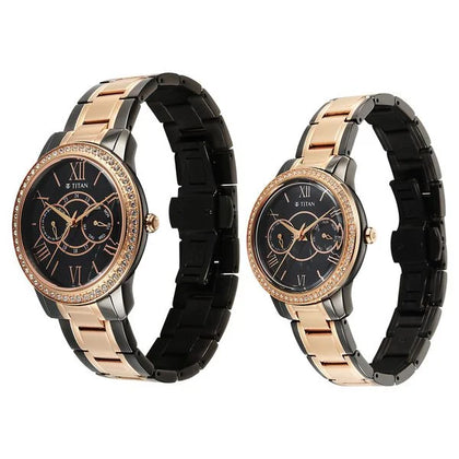 Titan Black Dial Two Toned Stainless Steel Strap Analog with Day and Date Quartz Watch for Couple