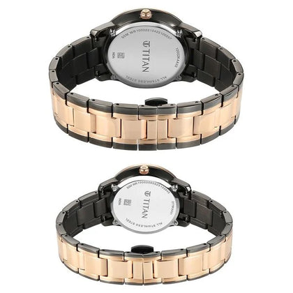 Titan Black Dial Two Toned Stainless Steel Strap Analog with Day and Date Quartz Watch for Couple