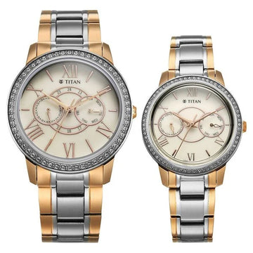 Titan Beige Dial Two Toned Stainless Steel Strap Analog with Day and Date Quartz Watch for Couple