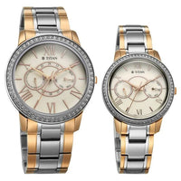 Titan Pink Dial Two Toned Stainless Steel Strap Analog with Day and Date Quartz Watch for Couple