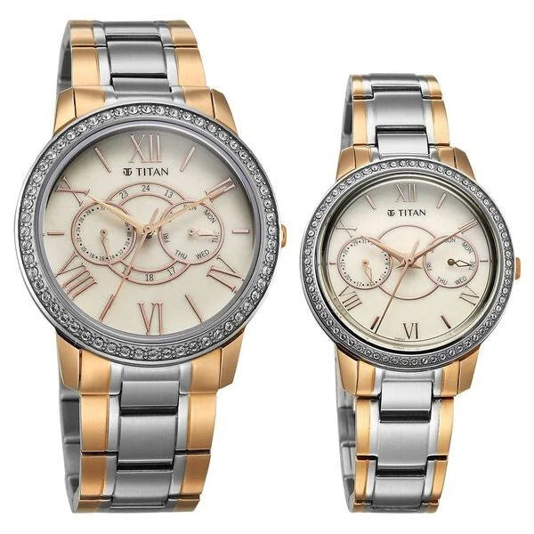 Titan Beige Dial Two Toned Stainless Steel Strap Analog with Day and Date Quartz Watch for Couple