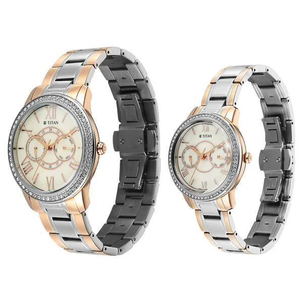 Titan Beige Dial Two Toned Stainless Steel Strap Analog with Day and Date Quartz Watch for Couple