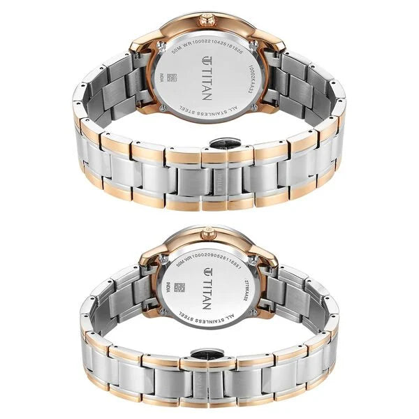 Titan Beige Dial Two Toned Stainless Steel Strap Analog with Day and Date Quartz Watch for Couple